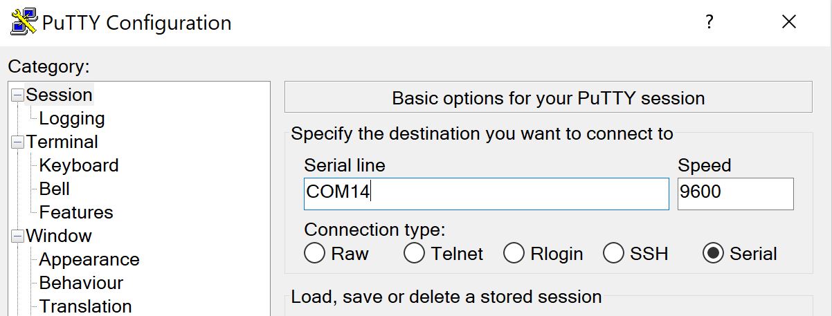 Putty - settings for serial communication